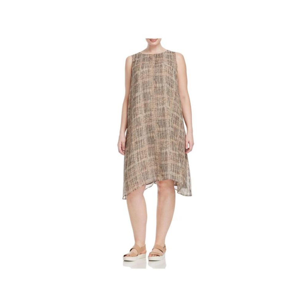 EILEEN FISHER Womens Beige Plaid Sleeveless Midi Trapeze Dress Plus 1X
